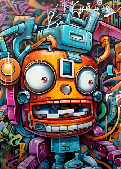 Colorful robot illustration with a vibrant background