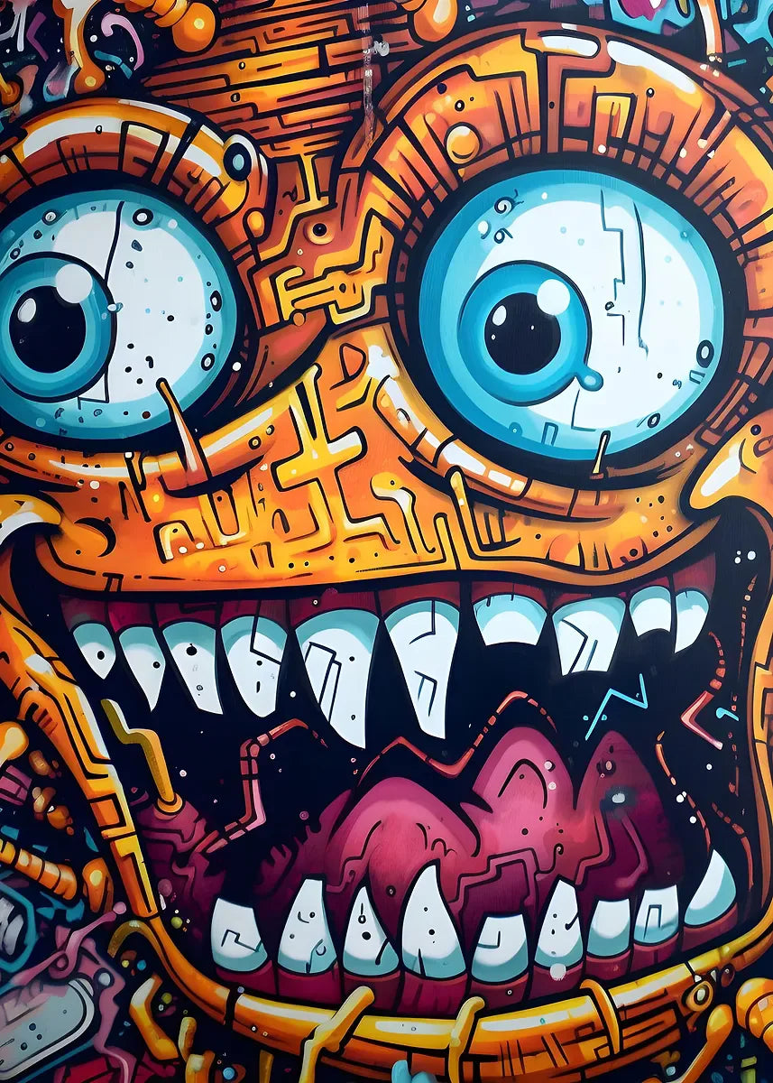 Colorful, cartoonish monster with large eyes and a wide mouth featuring teeth.
