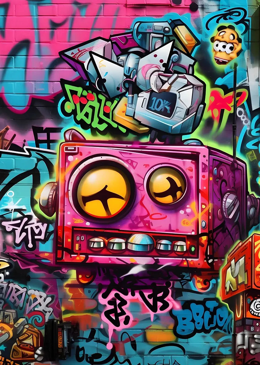 Colorful graffiti-style robot illustration on a vibrant background