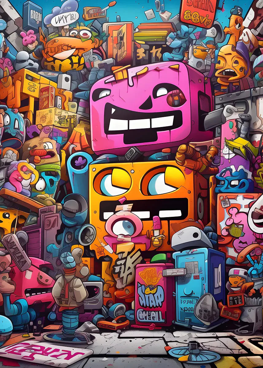 Colorful cartoon characters and objects in a chaotic urban setting