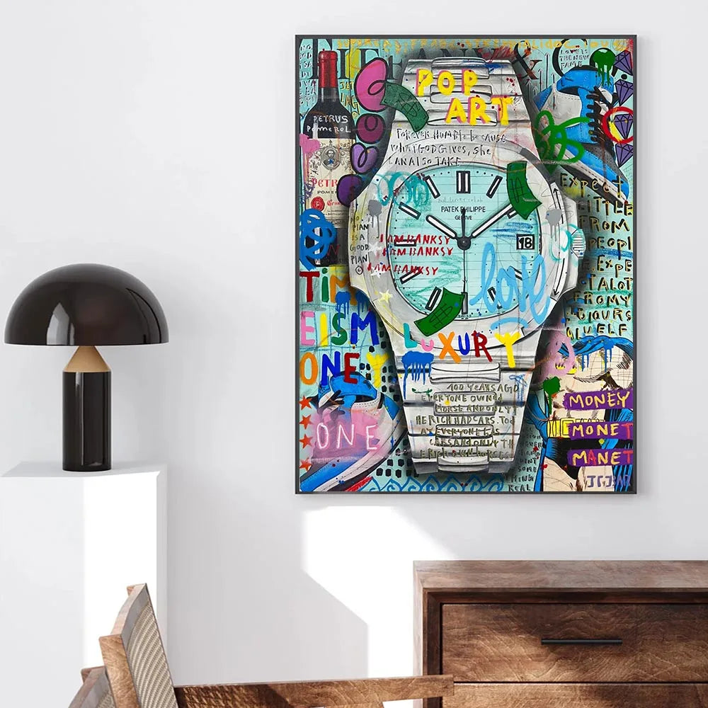 Colorful pop art-style clock painting on a wall with a lamp and wooden cabinet below.
