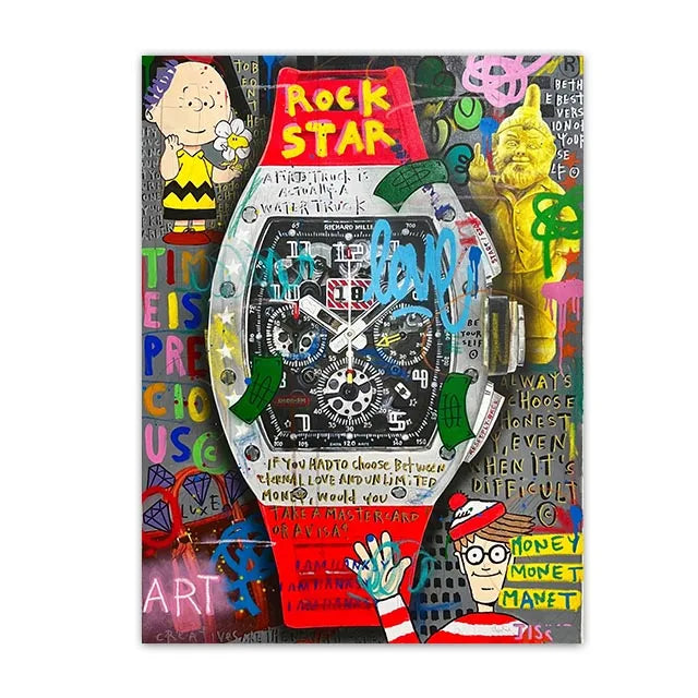 Colorful watch with artistic design and text on a white background