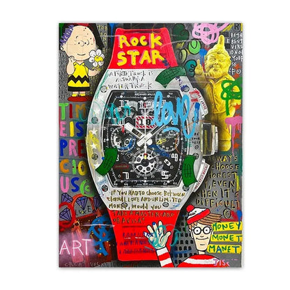 Colorful watch with artistic design and text on a white background