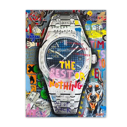 Colorful watch with 'The Best or Nothing' text on a graffiti-style background