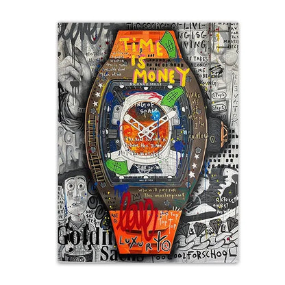 Colorful art piece of a watch with text and graphics on a collage background