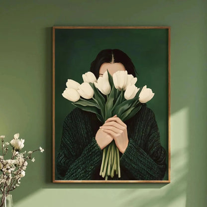 Framed artwork of a person holding white tulips against a green wall.
