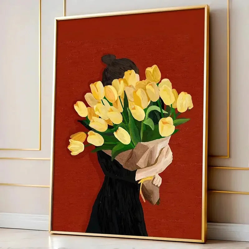 Framed artwork of a person holding yellow tulips against a red background