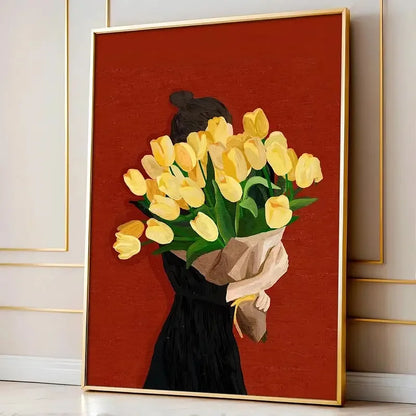 Framed artwork of a person holding yellow tulips against a red background