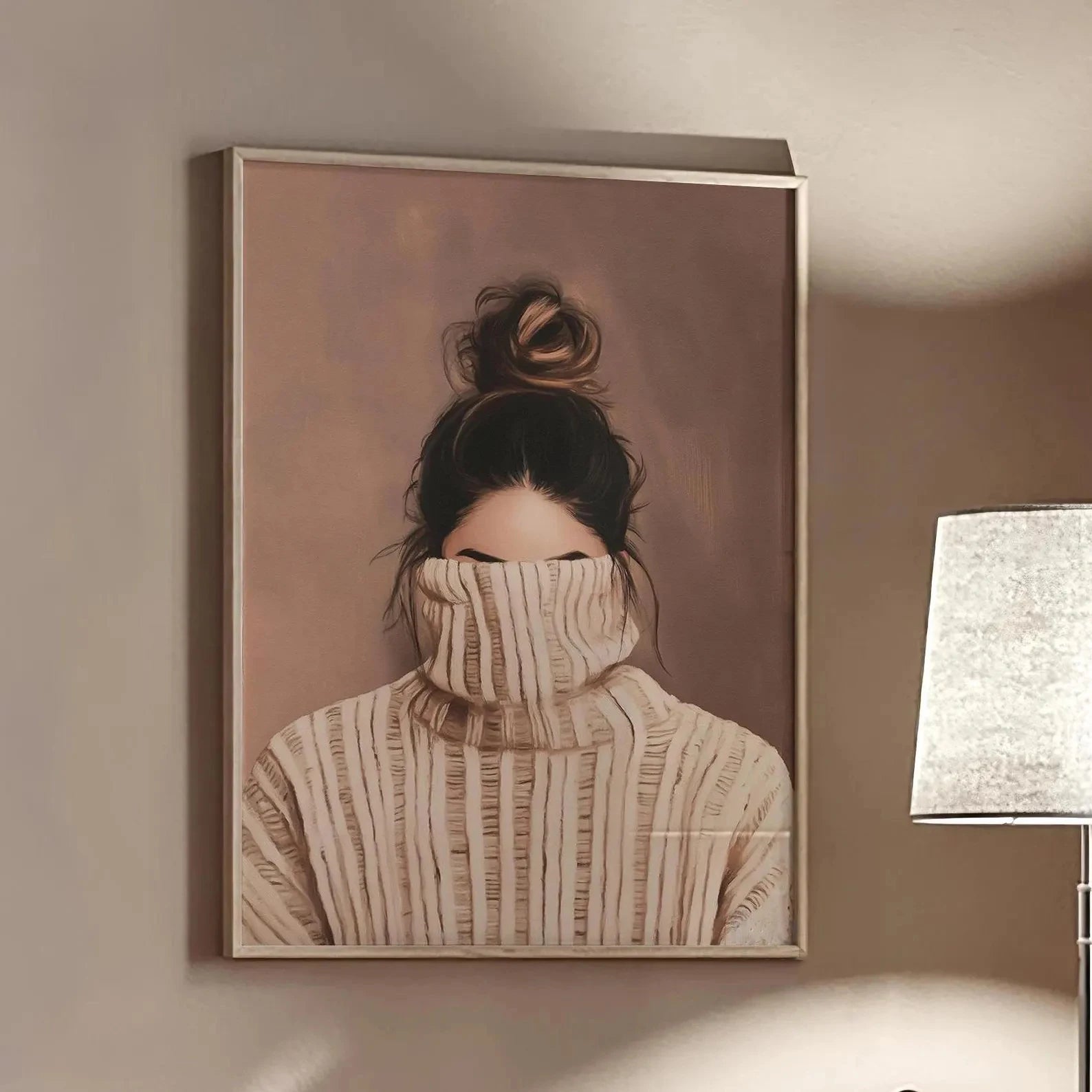 Framed artwork of a person wearing a turtleneck sweater on a wall.