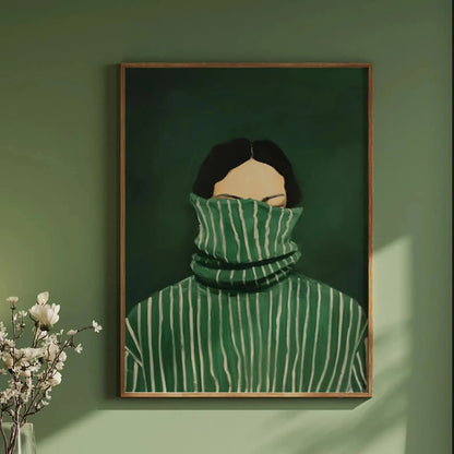 Framed artwork of a person wearing a green sweater with white stripes against a green wall.
