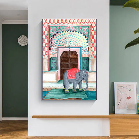 Decorative painting of an elephant in a colorful frame on a wall. Canvas & Curio