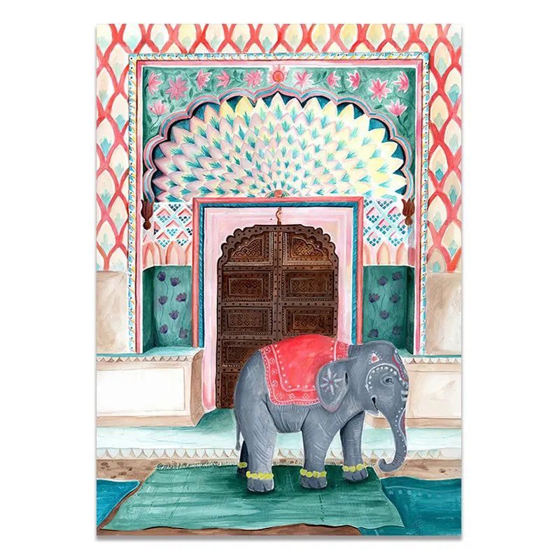 Decorative illustration of an elephant in front of a ornate door with colorful patterns.