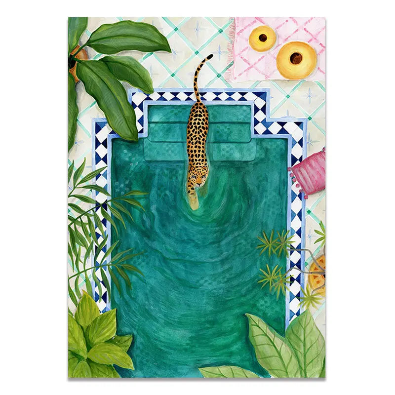 Illustration of a leopard in a pool with tropical leaves and colorful elements.