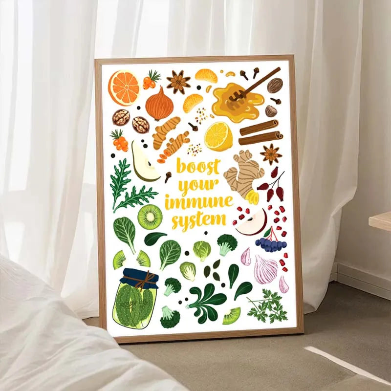 Framed poster with health-themed illustrations and text 'boost your immune system' on a white background.