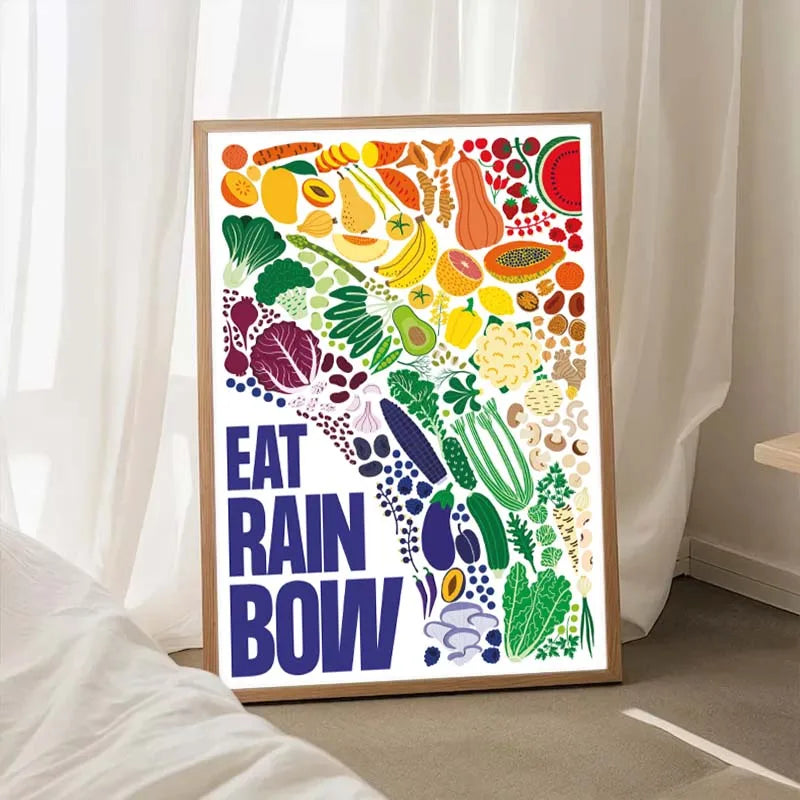 Colorful poster with fruit and vegetable illustrations and 'EAT RAIN BOW' text in a room.