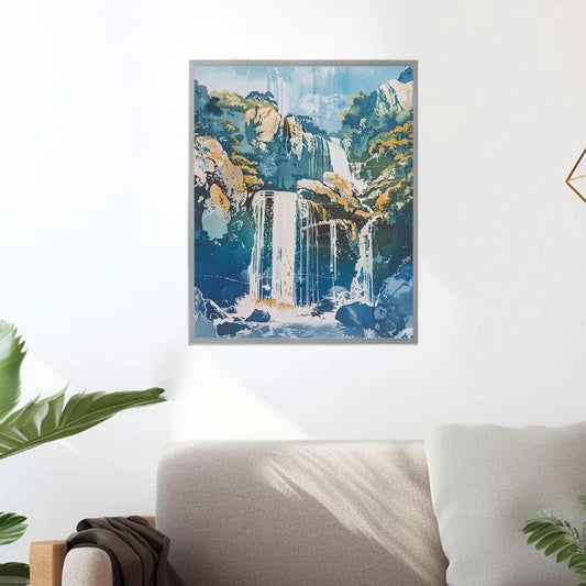 Framed artwork of a waterfall on a wall above a sofa Canvas & Curio