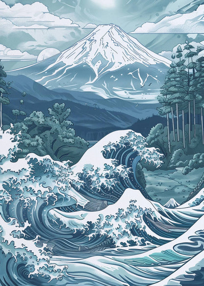 Illustration of a mountain with a large wave in the foreground
