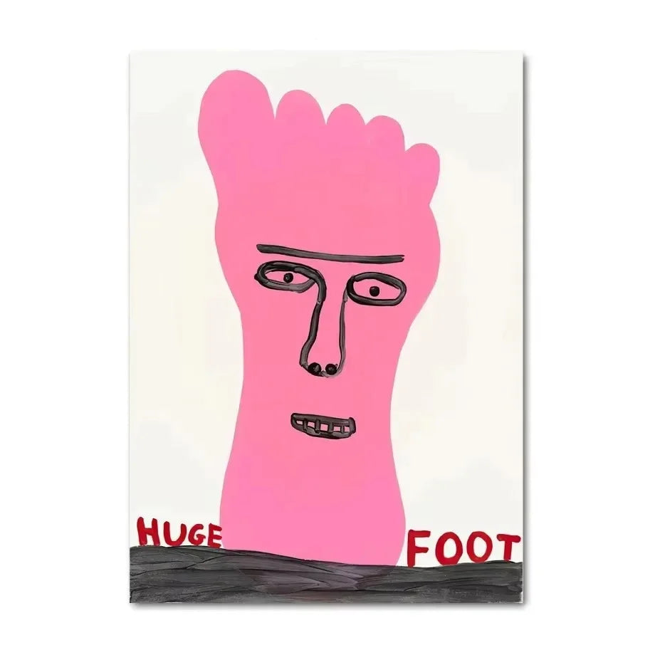 Artistic depiction of a pink foot with a face on a white background, labeled 'HUGE FOOT'.