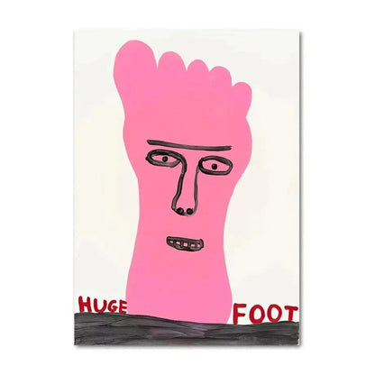 Artistic depiction of a pink foot with a face on a white background, labeled 'HUGE FOOT'.