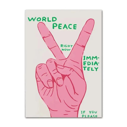 Cartoon hand making a peace sign with text about world peace on a beige background
