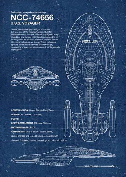 A set of four Star Trek blueprints on canvas, featuring the Enterprise NCC-74656 and other starships, displayed on a wall in a home interior.