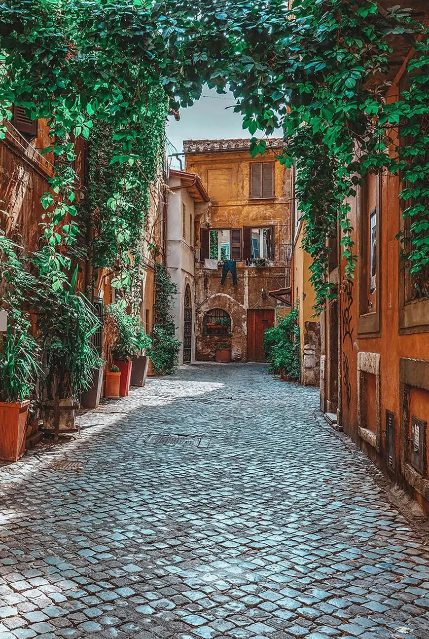 Cobbled street with ivy-covered archways in a quaint European town.