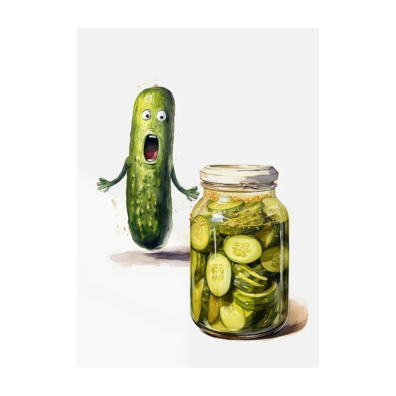 Animated pickle with arms and legs next to a jar of pickles on a white background