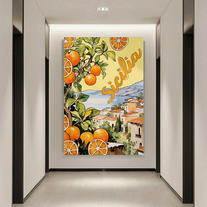 Decorative wall art with oranges and 'Sicilia' text in a modern interior setting