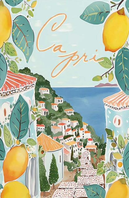 Illustration of a coastal town in Capri with lemons and leaves.