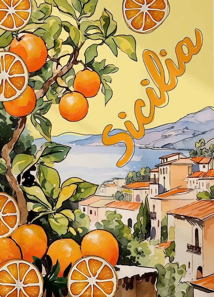 Illustration of oranges on a tree with a Sicilian village in the background