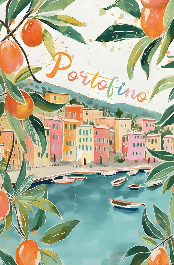 Illustration of Portofino with colorful buildings and orange trees.
