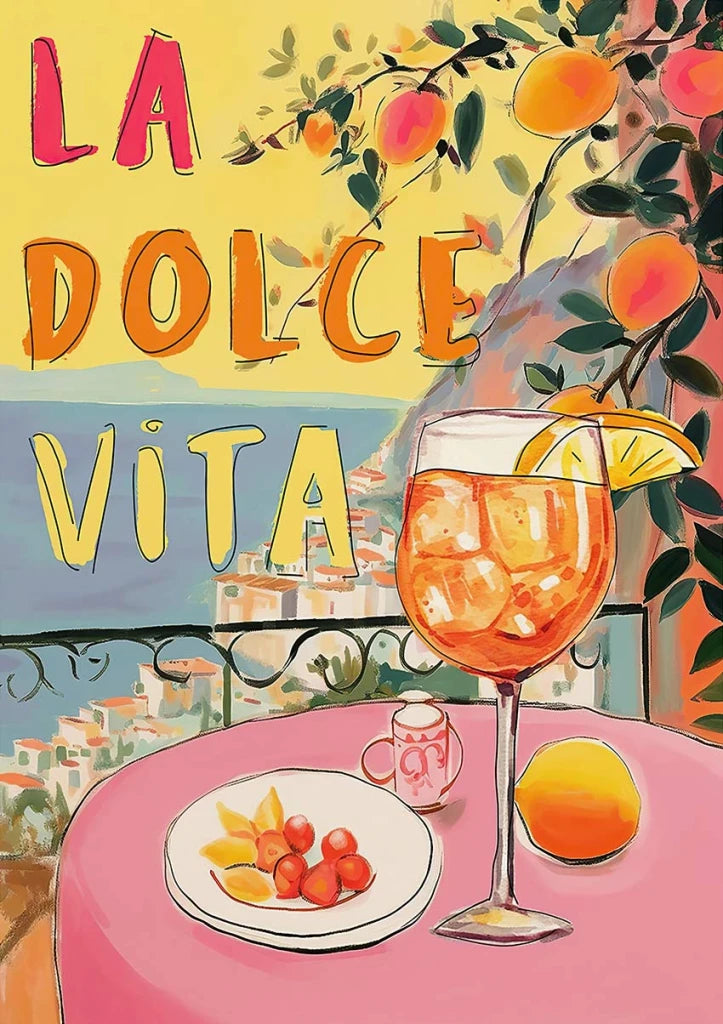 Illustration of a glass of orange juice with fruit on a table, featuring 'La Dolce Vita' text.