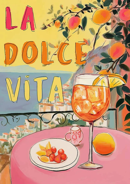 Illustration of a glass of orange juice with fruit on a table, featuring 'La Dolce Vita' text.