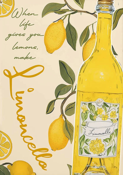 Bottle of limoncello with lemons and text on a beige background