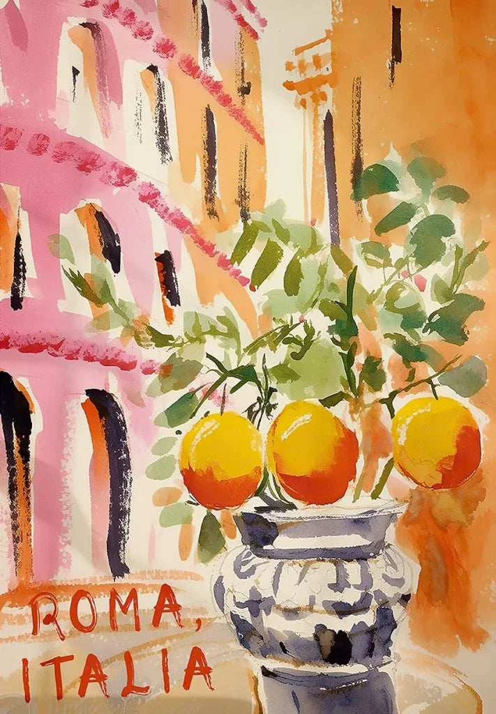 Decorative image of a vase with oranges and greenery against a colorful architectural background with 'ROMA, ITALIA' text.