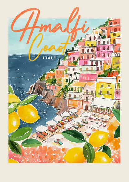 Illustration of the Amalfi Coast with colorful buildings, lemon trees, and a beach.
