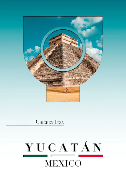 Yucatón Mexico with Chichen Itza pyramid on a light blue background