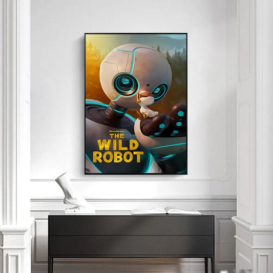 Poster of 'The Wild Robot' with a robot design on a white wall above a black shelf. Canvas & Curio