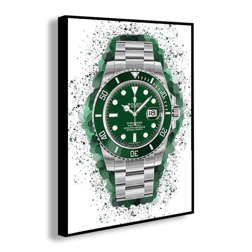 Framed artwork of a green and silver watch with a white background