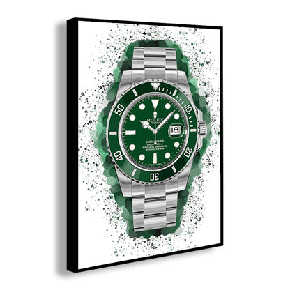 Framed artwork of a green and silver watch with a white background