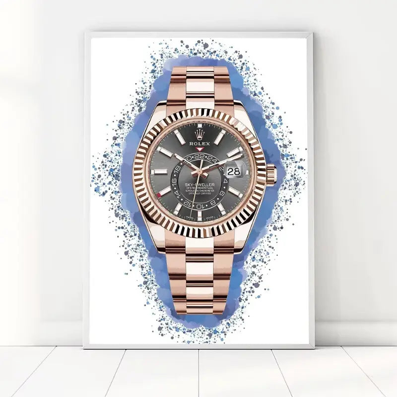Rose gold watch with a gray face on a white background