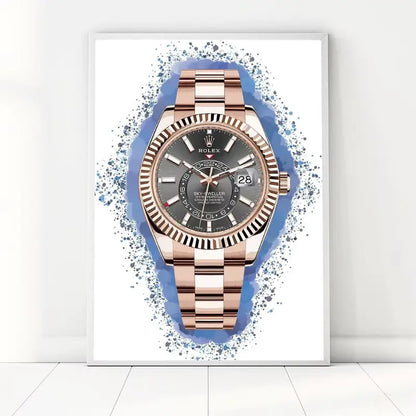 Rose gold watch with a gray face on a white background