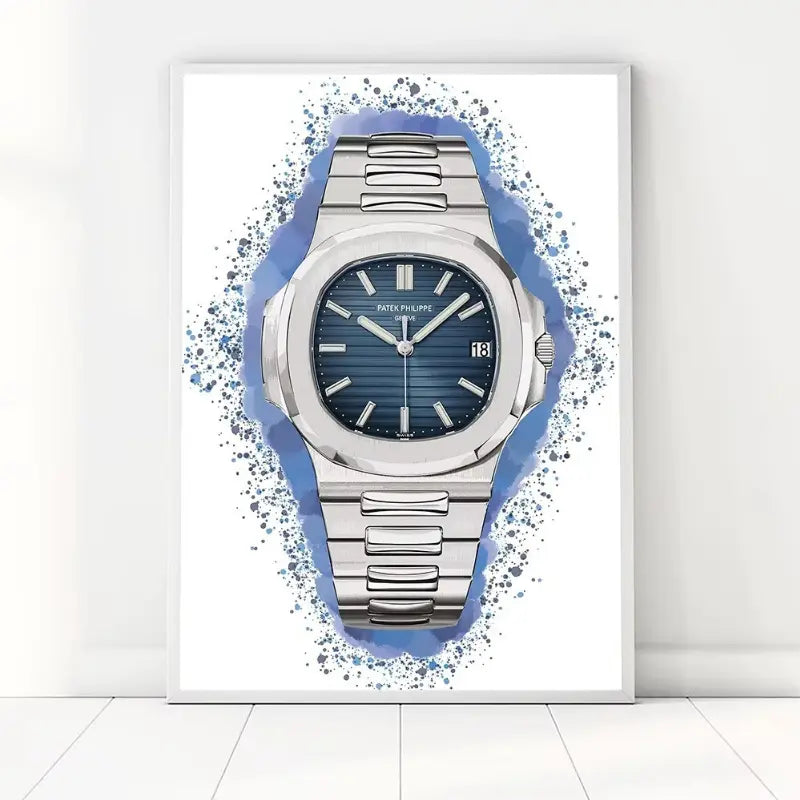 Silver watch with blue accents on a white background