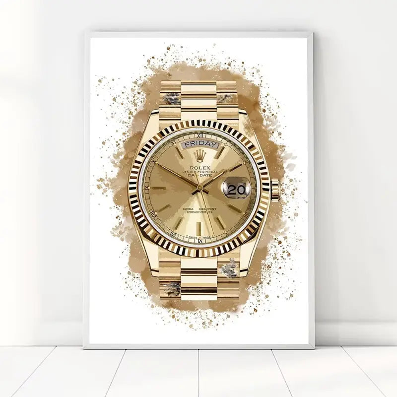 Gold wristwatch with a decorative background on a white surface