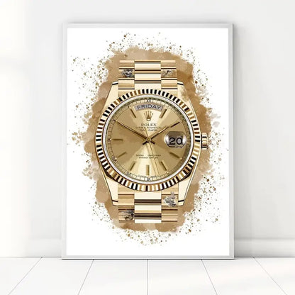 Gold wristwatch with a decorative background on a white surface