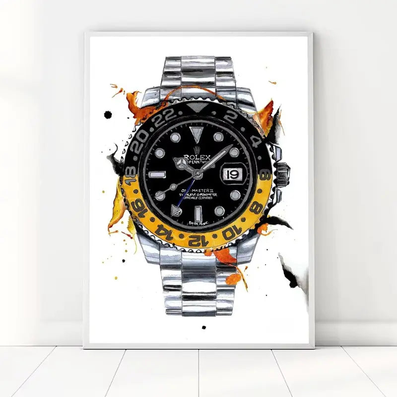 Artistic depiction of a Rolex watch with black face, orange accents, and silver metal band on a white background.