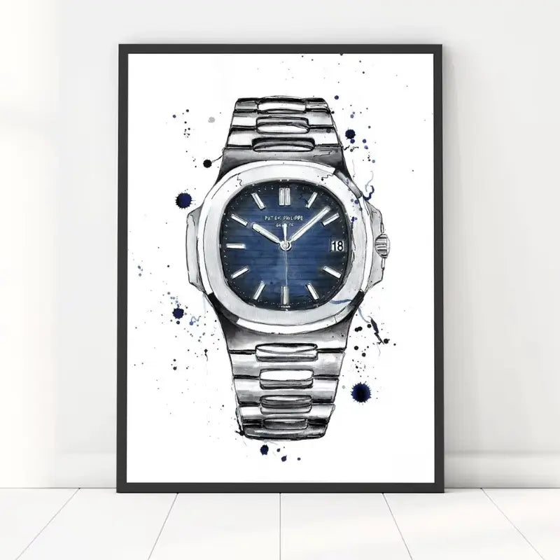 Framed artwork of a silver watch with a blue face on a white background