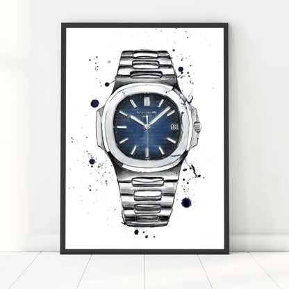 Framed artwork of a silver watch with a blue face on a white background