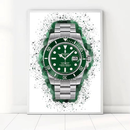 Green watch with silver case on a white background