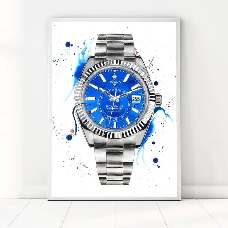 Poster of a silver watch with a blue face on a white background